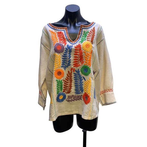 Sister Mary Embroidered Linen Beige Tunic Blouse w/Floral Design Size M - Picture 1 of 6
